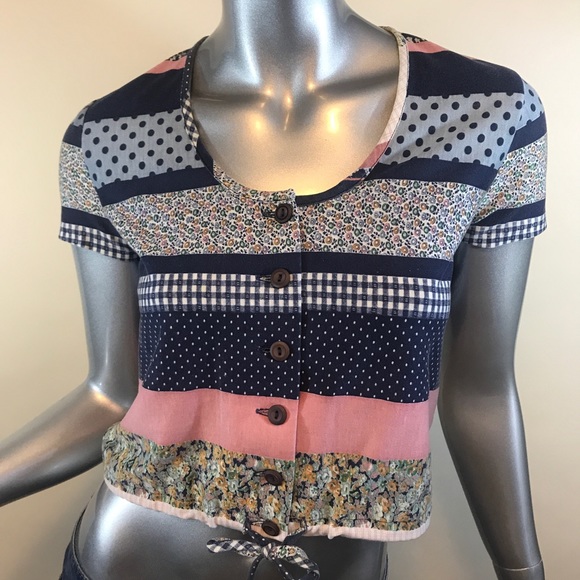 Vintage Xtrovert Cropped Top Women’s Floral Striped Shirt Adjustable Waist Xs-S. - Picture 2 of 14